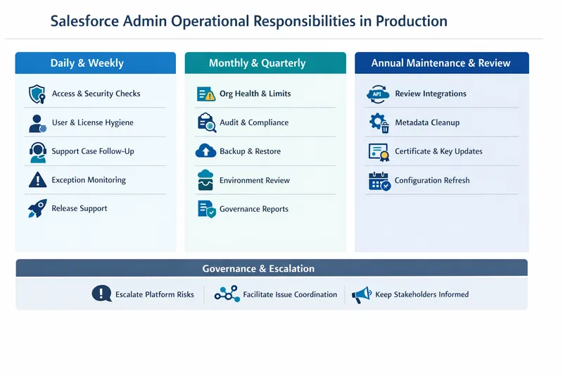 Operational responsibilities for Salesforce Admins by cadence: daily/weekly, monthly/quarterly, and annual governance tasks.