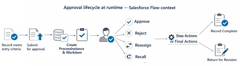 Approval lifecycle at runtime in a Salesforce Flow context. A record that meets entry criteria is submitted for approval, Salesforce creates the ProcessInstance and work item, and the request routes to an approver. The approver can approve, reject, reassign, or recall the request. Step or final actions then run, ending in either Record Complete or Return for Revision.