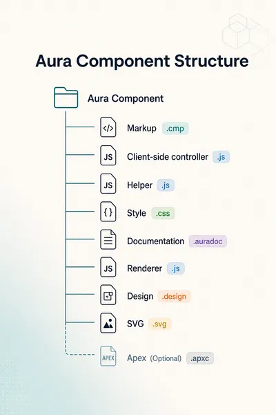 Anatomy of an Aura component bundle showing the .cmp markup, client-side controller, helper, renderer, CSS, design, documentation, SVG, and optional Apex controller files