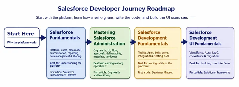 Roadmap showing the four tracks in the Salesforce Developer Journey series: Salesforce Fundamentals, Mastering Salesforce Administration, Salesforce Development Fundamentals, and Salesforce Development UI Fundamentals