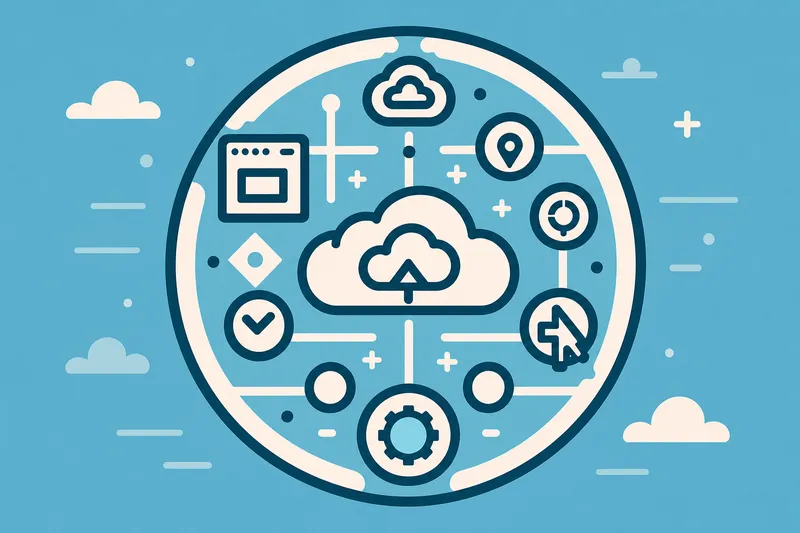 Cloud upload symbol connected to a web page, location, settings, and pointer icons