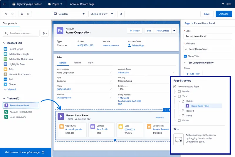 Lightning App Builder with the component palette open, the custom component visible in the list (showing its masterLabel), and dragged onto the canvas.