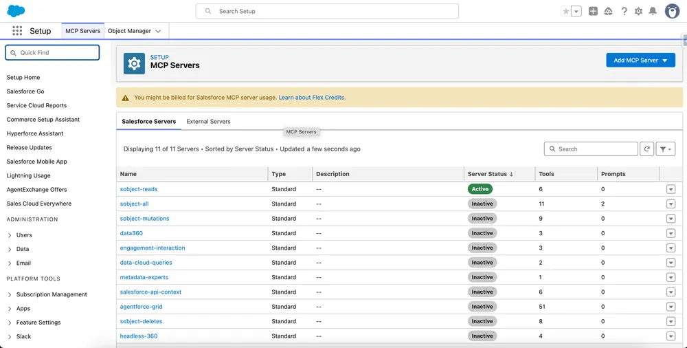Salesforce MCP Servers list with sobject-reads active while the broader, mutation, and delete servers remain inactive