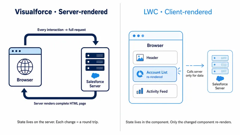 Comparison of the Visualforce server-side render model with the LWC client-side render model