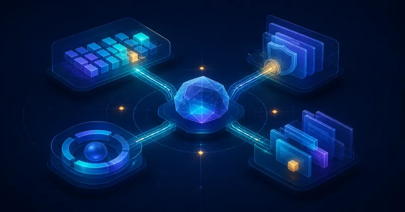 A central query core connected to four production controls for performance, security, reliability, and maintainability
