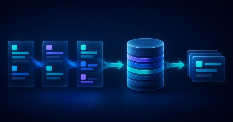 Query-building panels feeding a database and producing a stack of result records