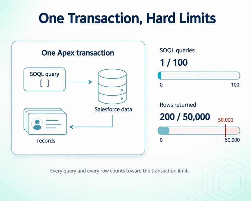 Diagram titled One Transaction, Hard Limits: one Apex transaction running a SOQL query against Salesforce data and returning records, with gauges showing per-transaction limits of 1 of 100 SOQL queries and 200 of 50,000 rows returned, the row gauge marked with a 50,000 ceiling.
