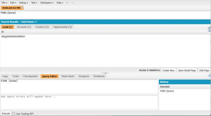 Developer Console running FIND {Acme} and returning seven results across Lead, Account, Contact, and Opportunity tabs
