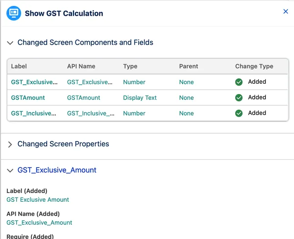 Flow Builder Edit History change details for a Show GST Calculation screen element, listing three added screen fields in a Changed Screen Components and Fields table with per-field Label and API Name detail below