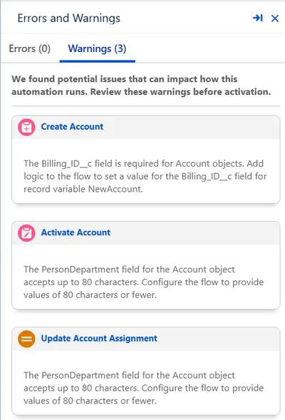 Flow Builder Errors and Warnings panel showing a missing required Billing ID field and matching 80-character PersonDepartment warnings on Update Records and Assignment elements